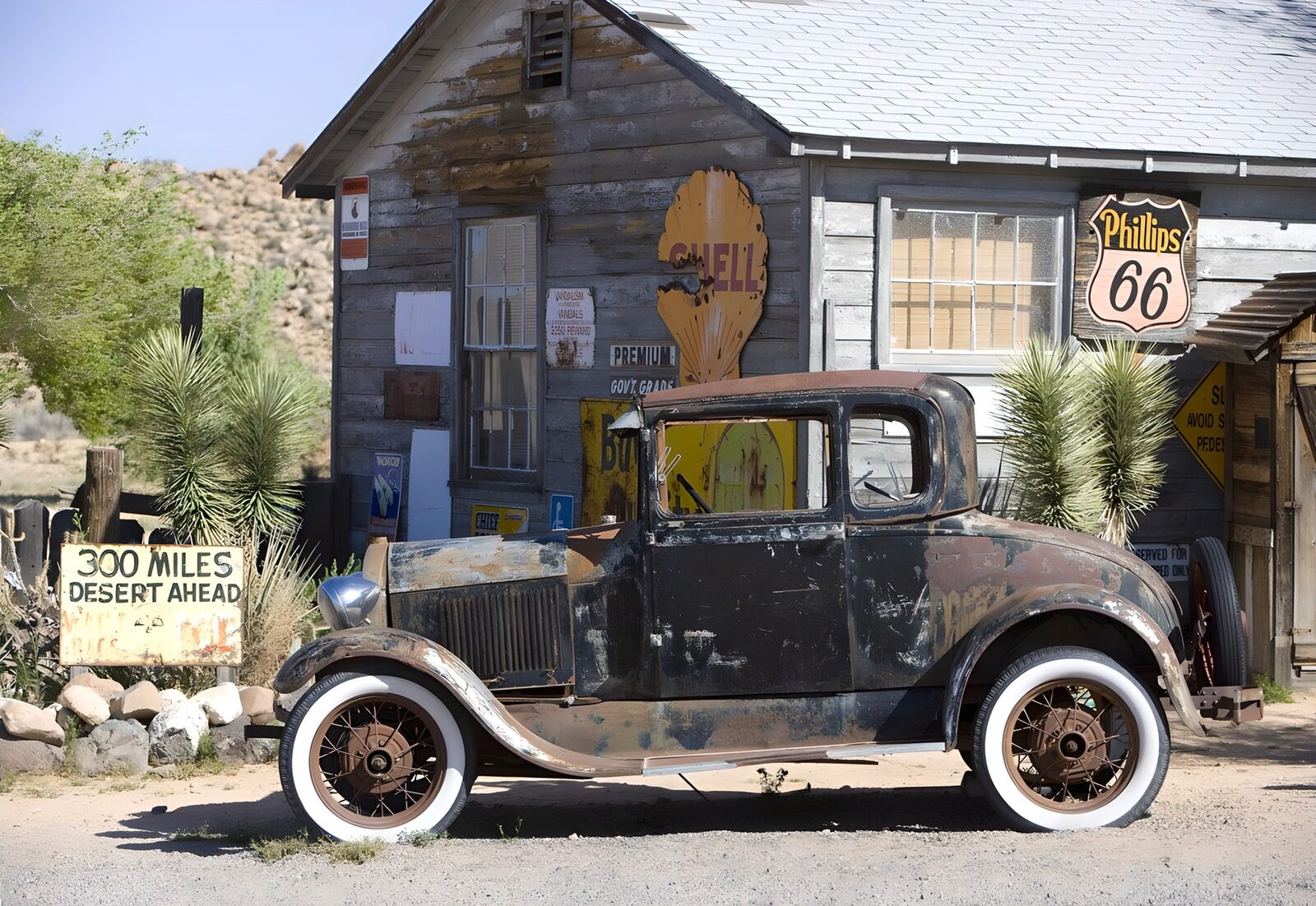 TP43737: Vintage auto bij verlaten gebouw
