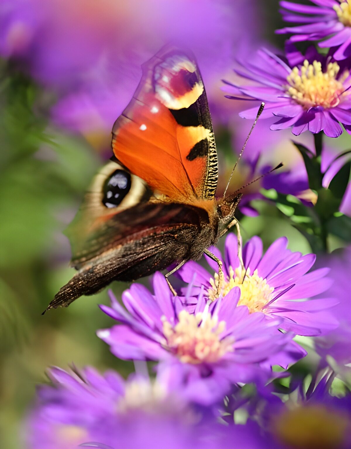 TP92779: Dagpauwoog vlinder op paarse margriet