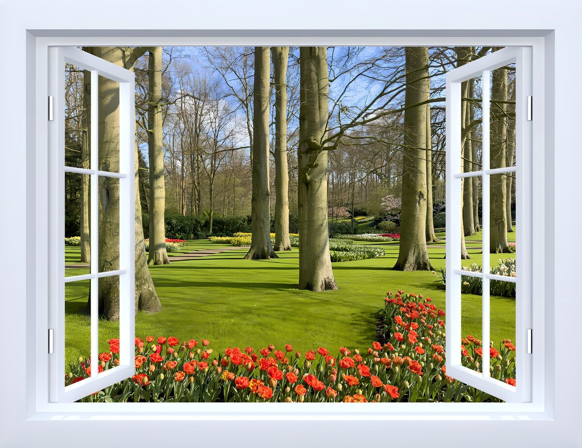 Uitzicht op een bloeiende tuin