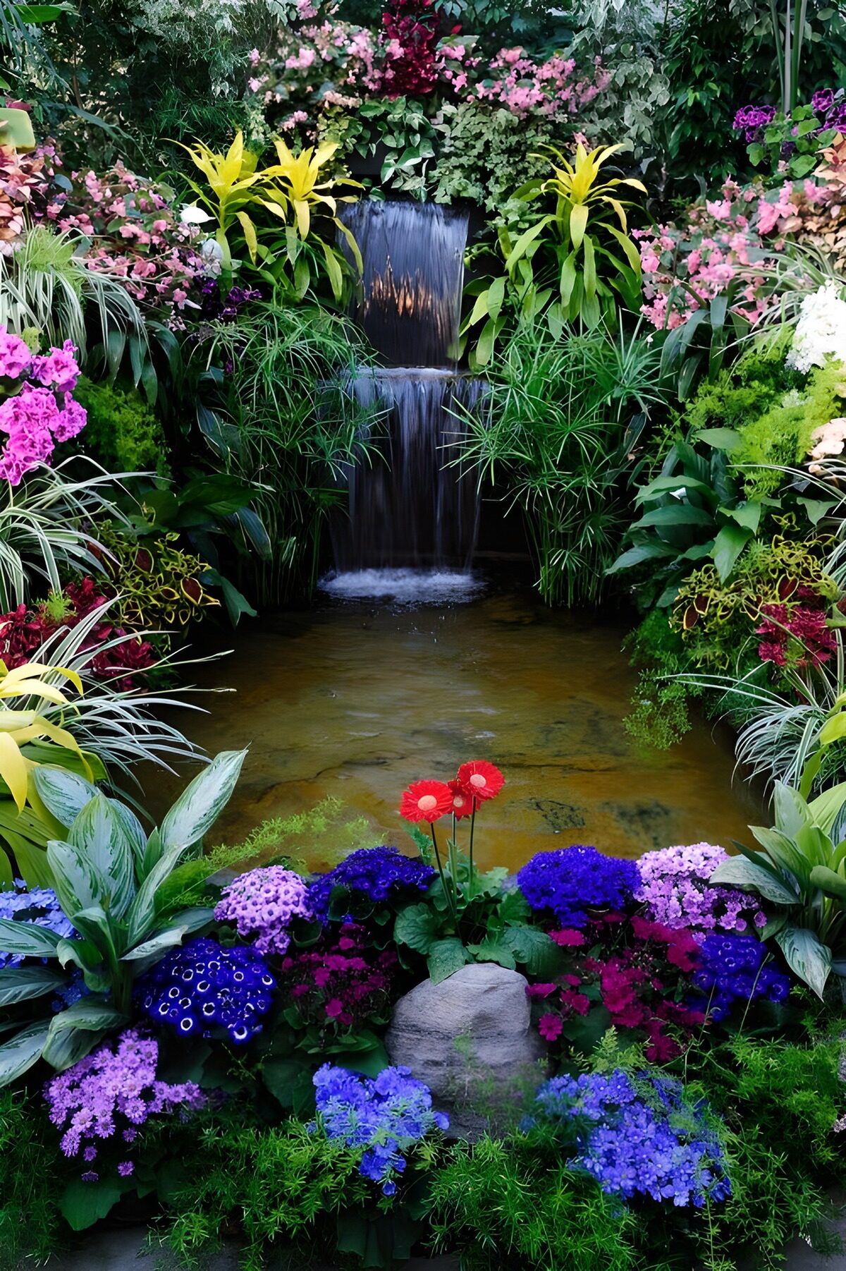 Waterval met vijver en bloemen
