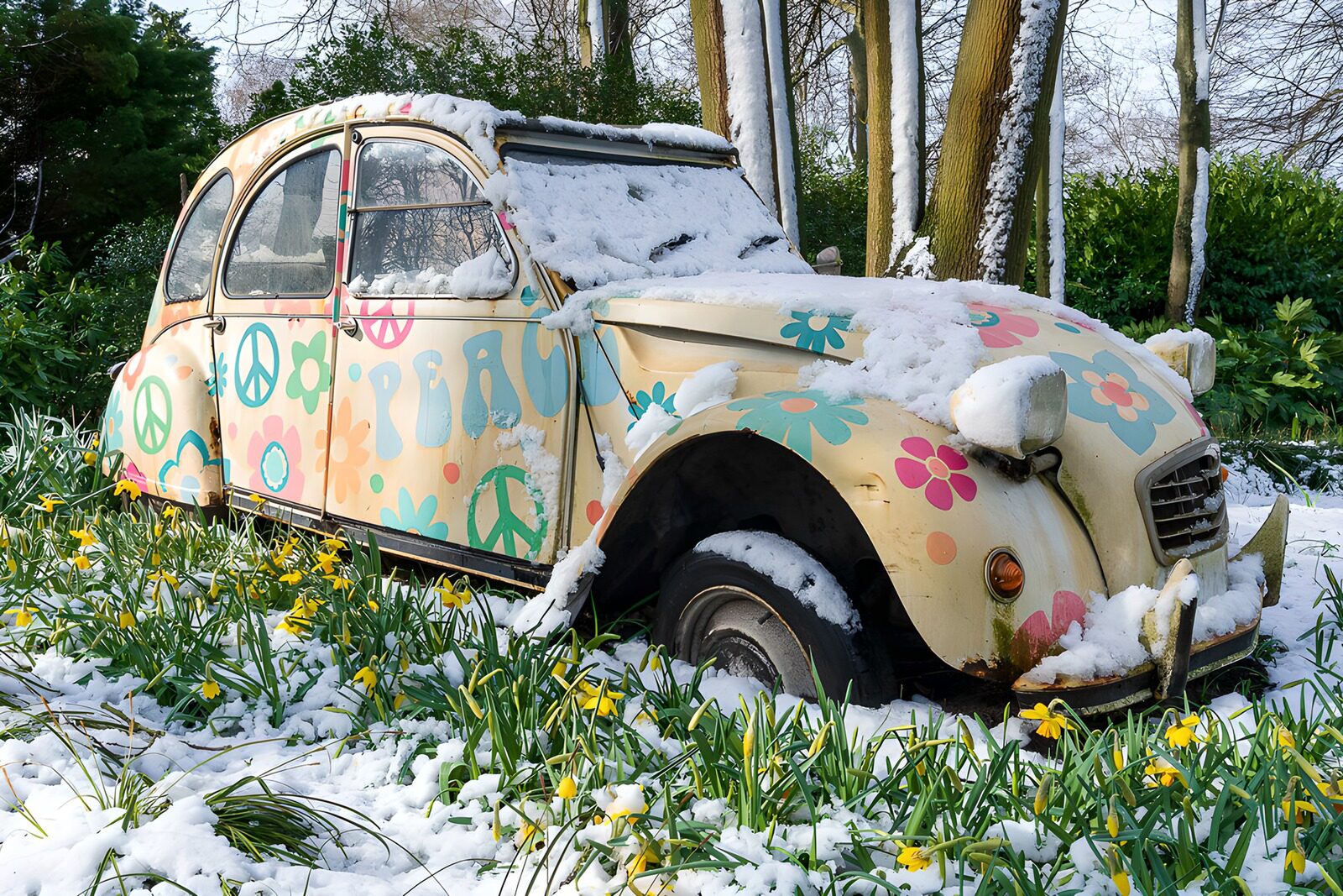 TP58877: Sneeuwbedekte kleurrijke oldtimer