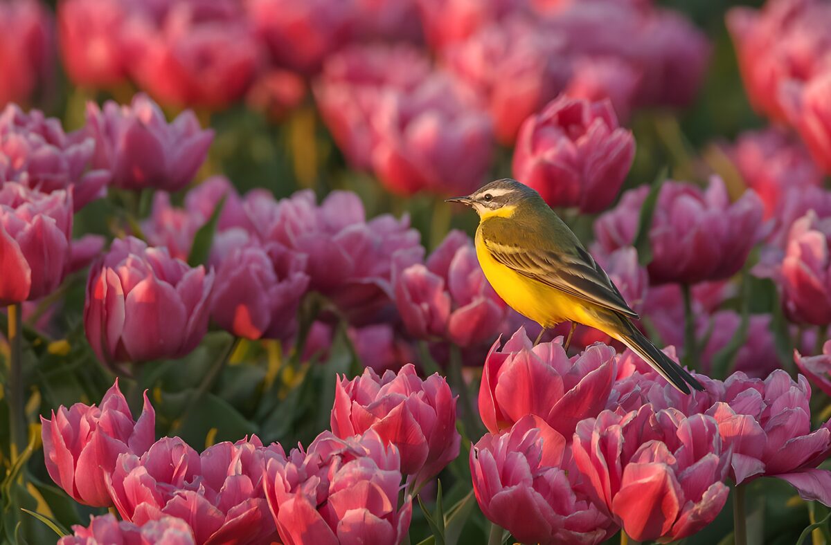TP37135: Gele vogel tussen tulpen