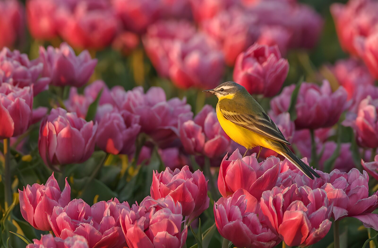 TP37135: Gele vogel tussen tulpen
