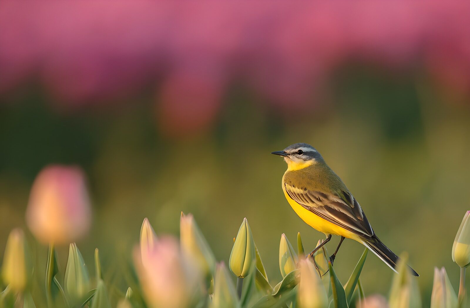 TP93325: Gele kwikstaart tussen tulpen