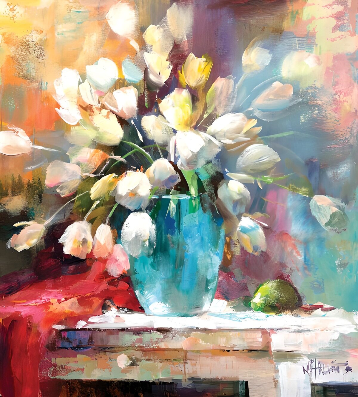 TP68759: Witte tulpen in turquoise vaas