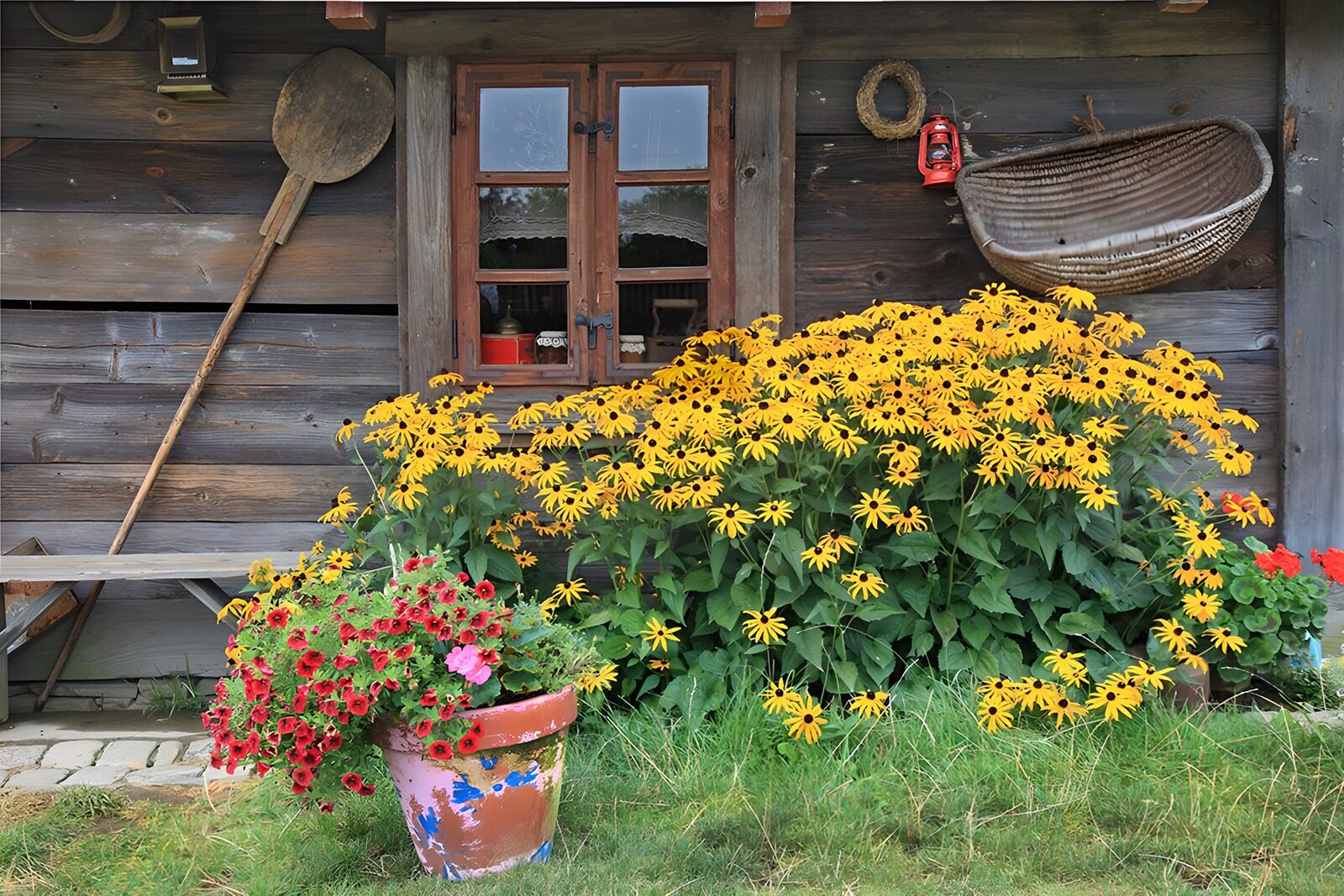 TP87752: Kleurrijke Bloemen voor een Houten Huis