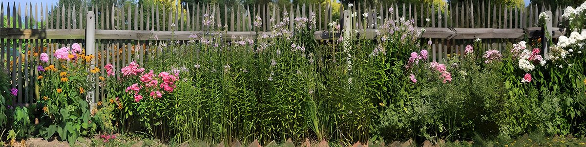 TP56554: Bloeiende tuin langs een schutting