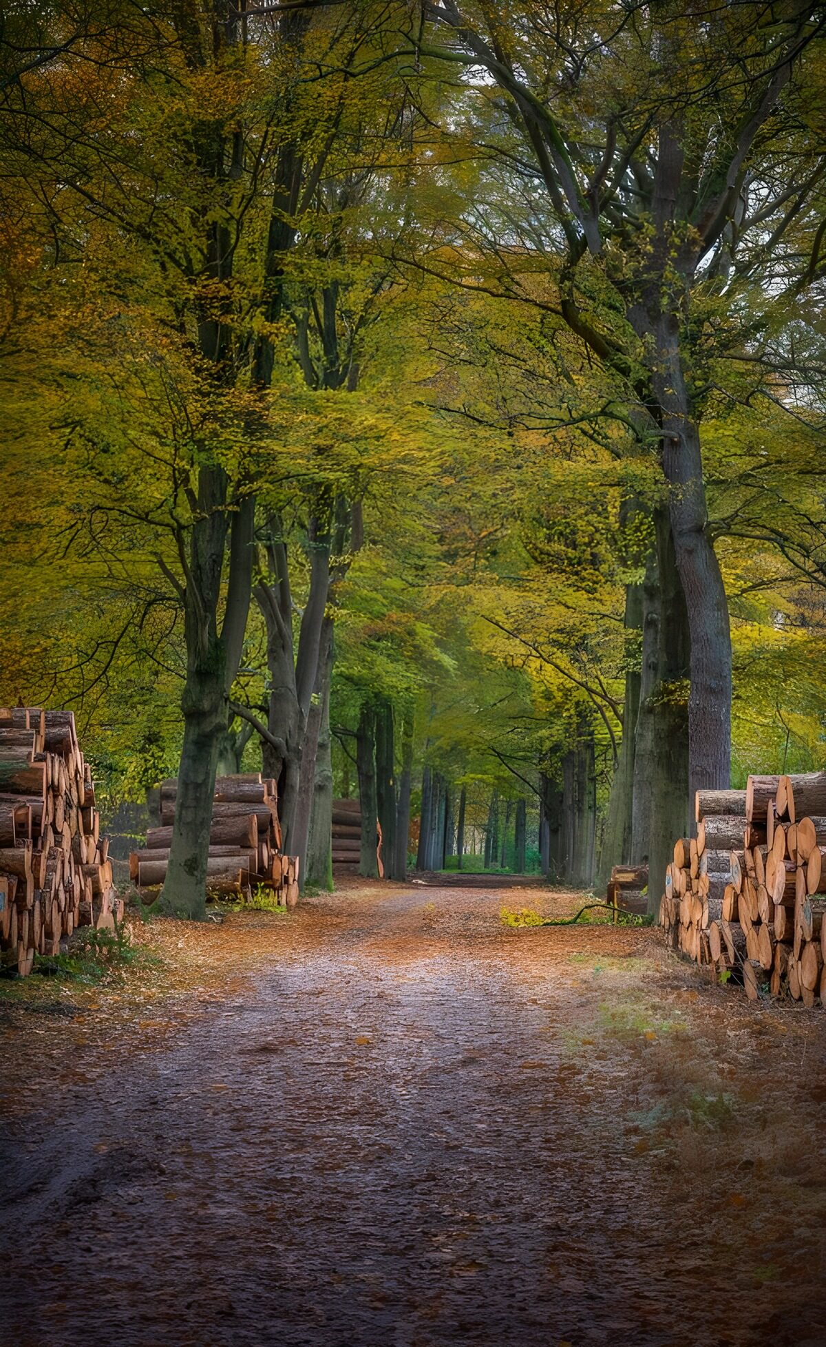 TP26958: Bosweg met houtstapel in de herfst