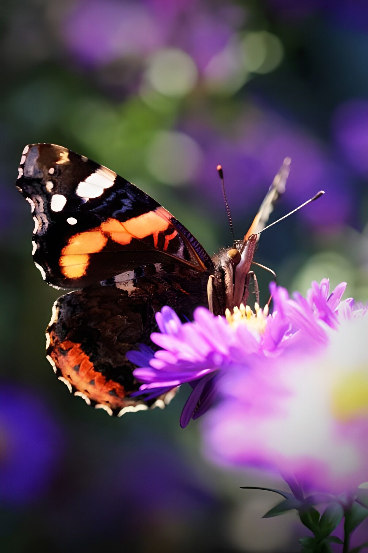 Atalanta vlinder op paarse margriet