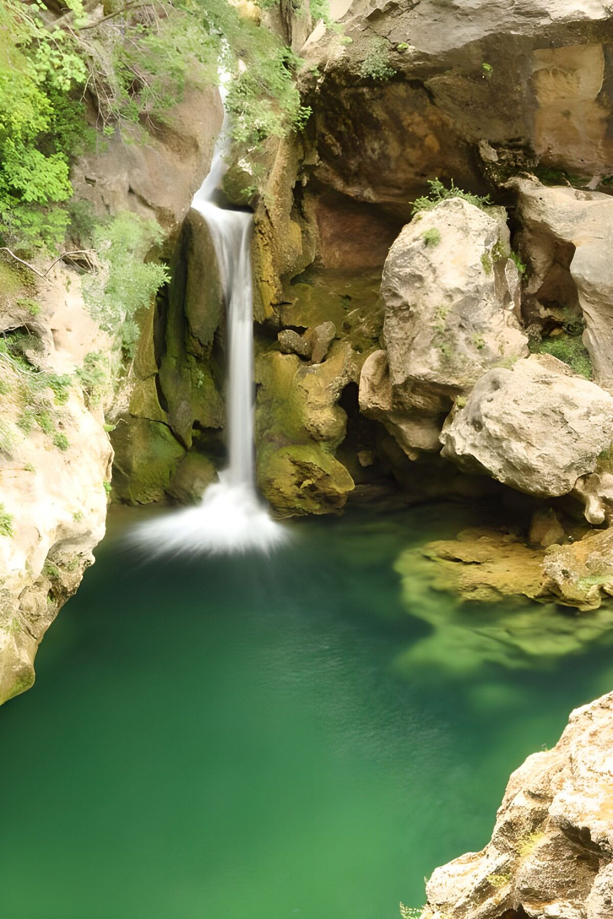 Waterval omgeven door rotsen en groen