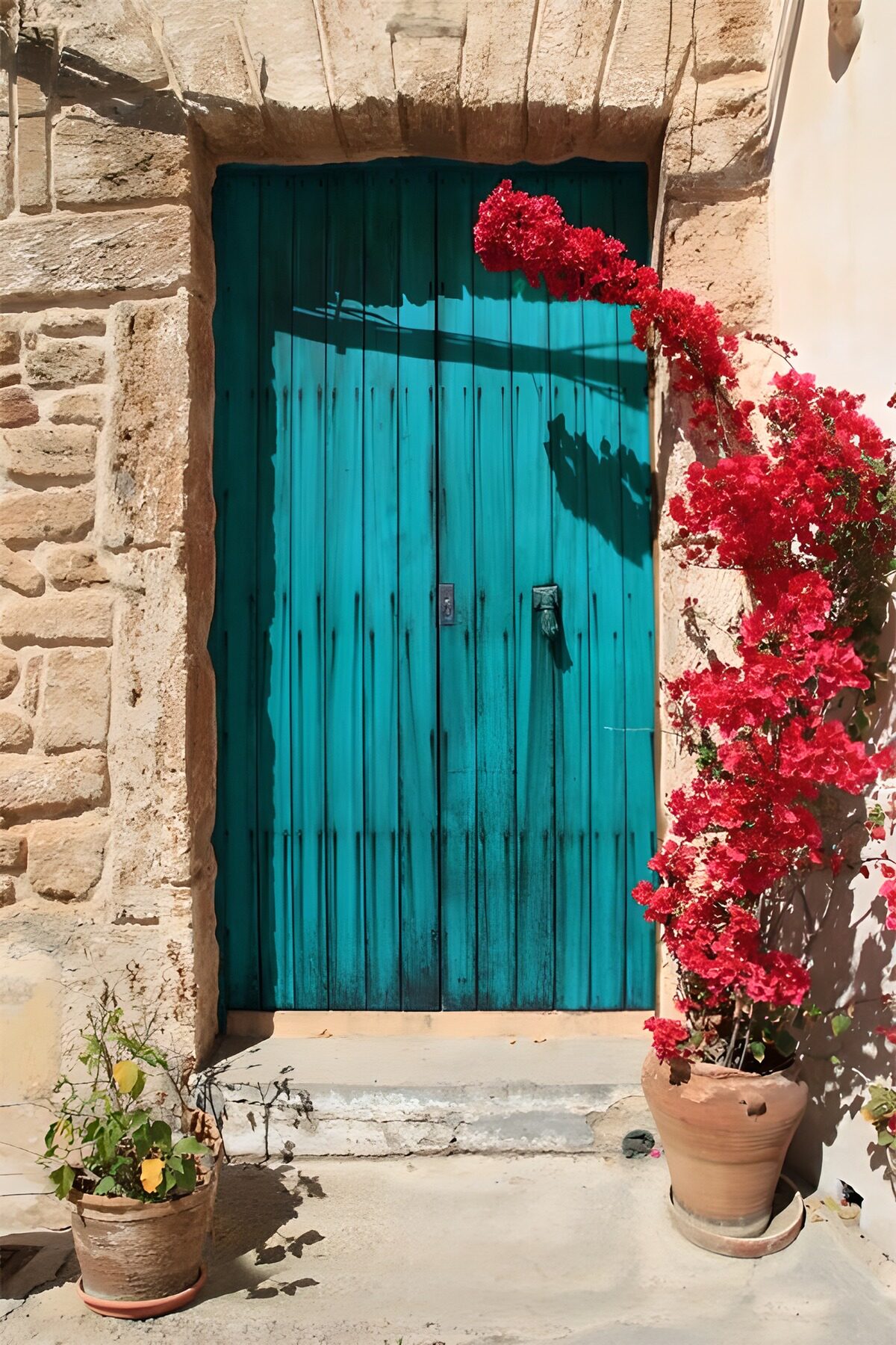 Kleurrijke deur met bougainvillea
