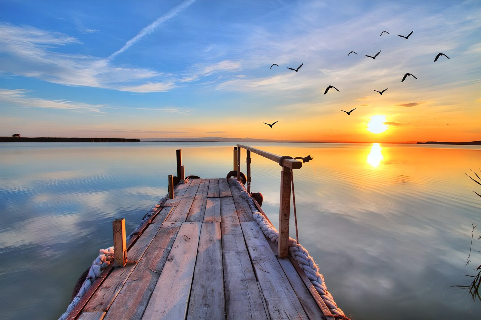 TP69636: Steiger in meer met  zonsondergang en vogels