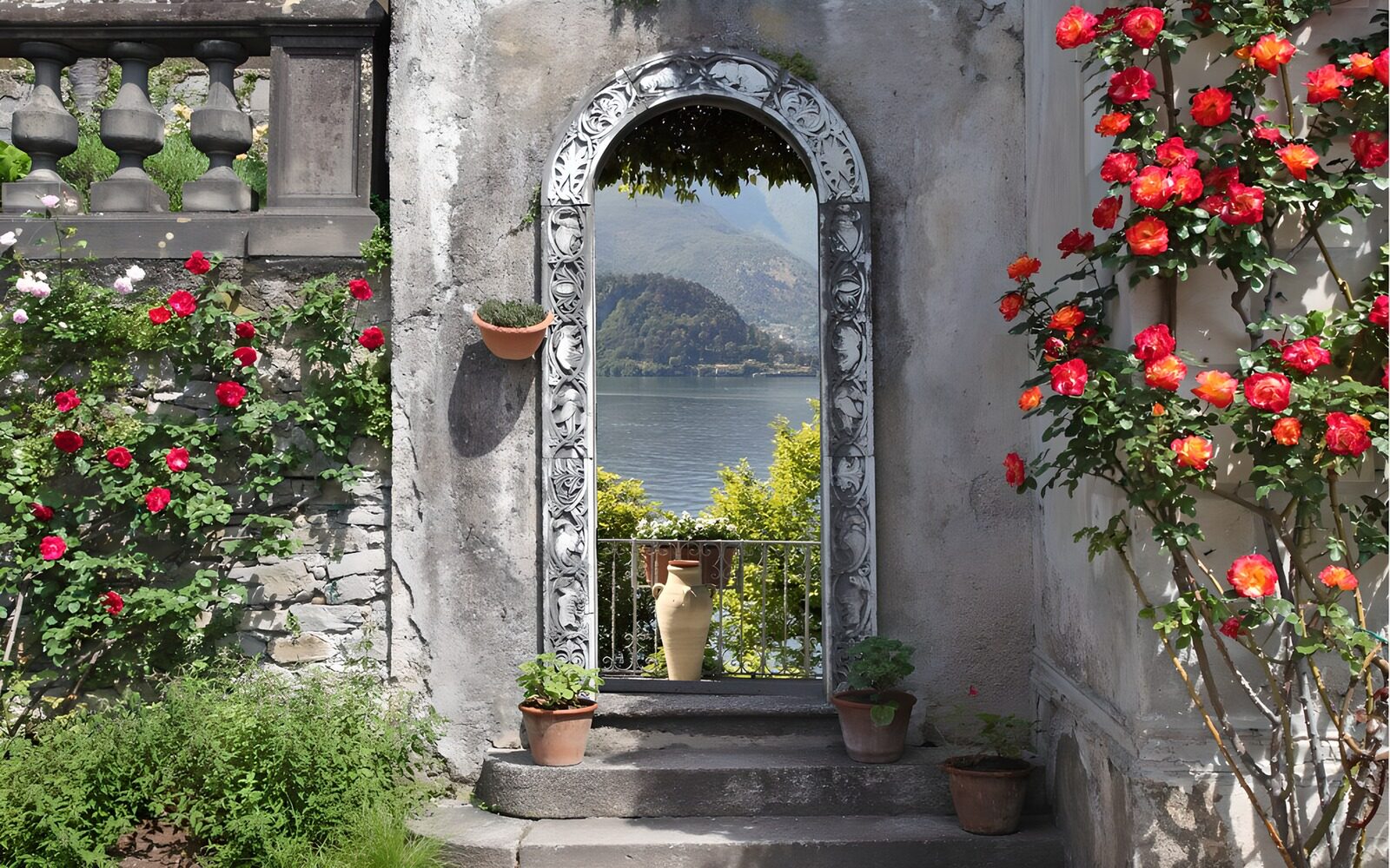 TP68510: Rozenmuur met poort en uitzicht op meer