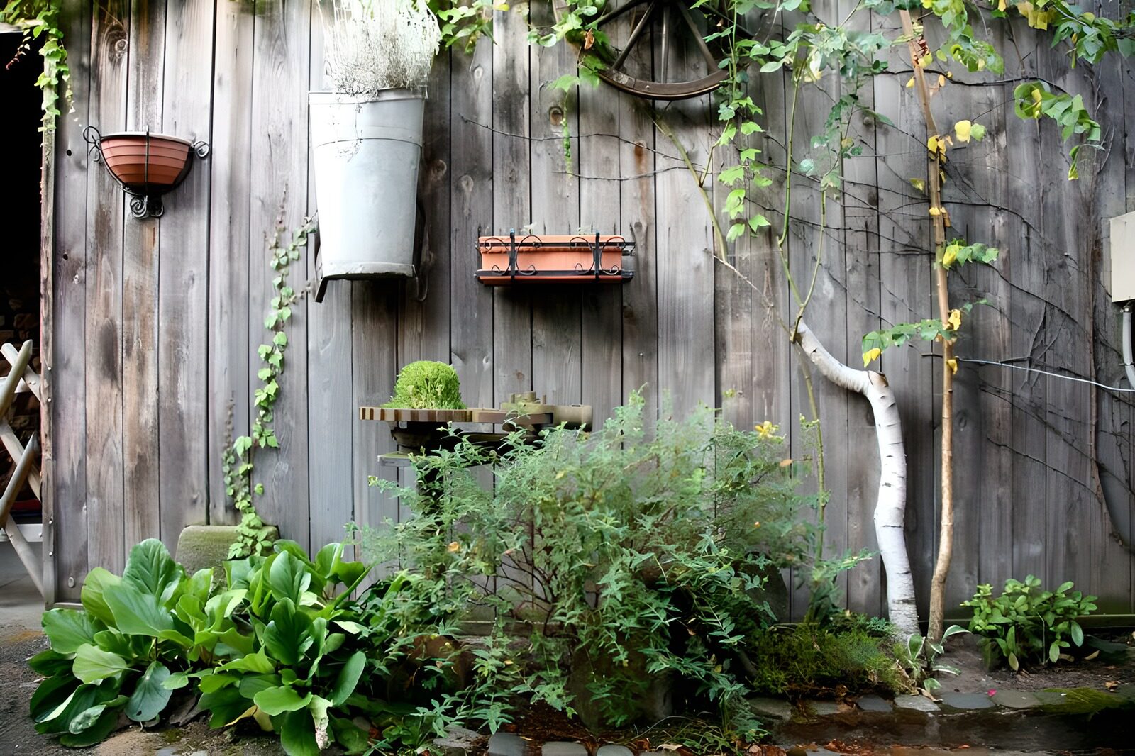 TP44988: Houten schutting met bloemen en planten, oud wiel etc.