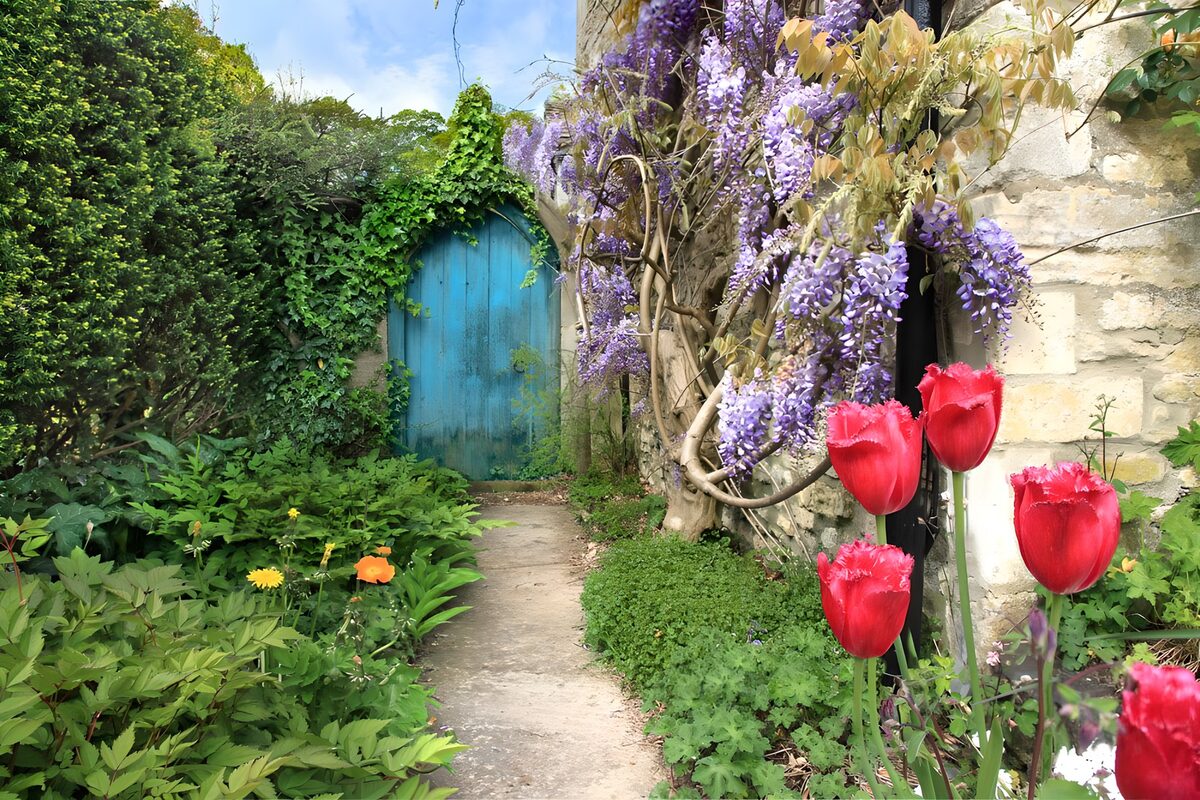 Betoverend Tuinpad met Blauw Deurtje