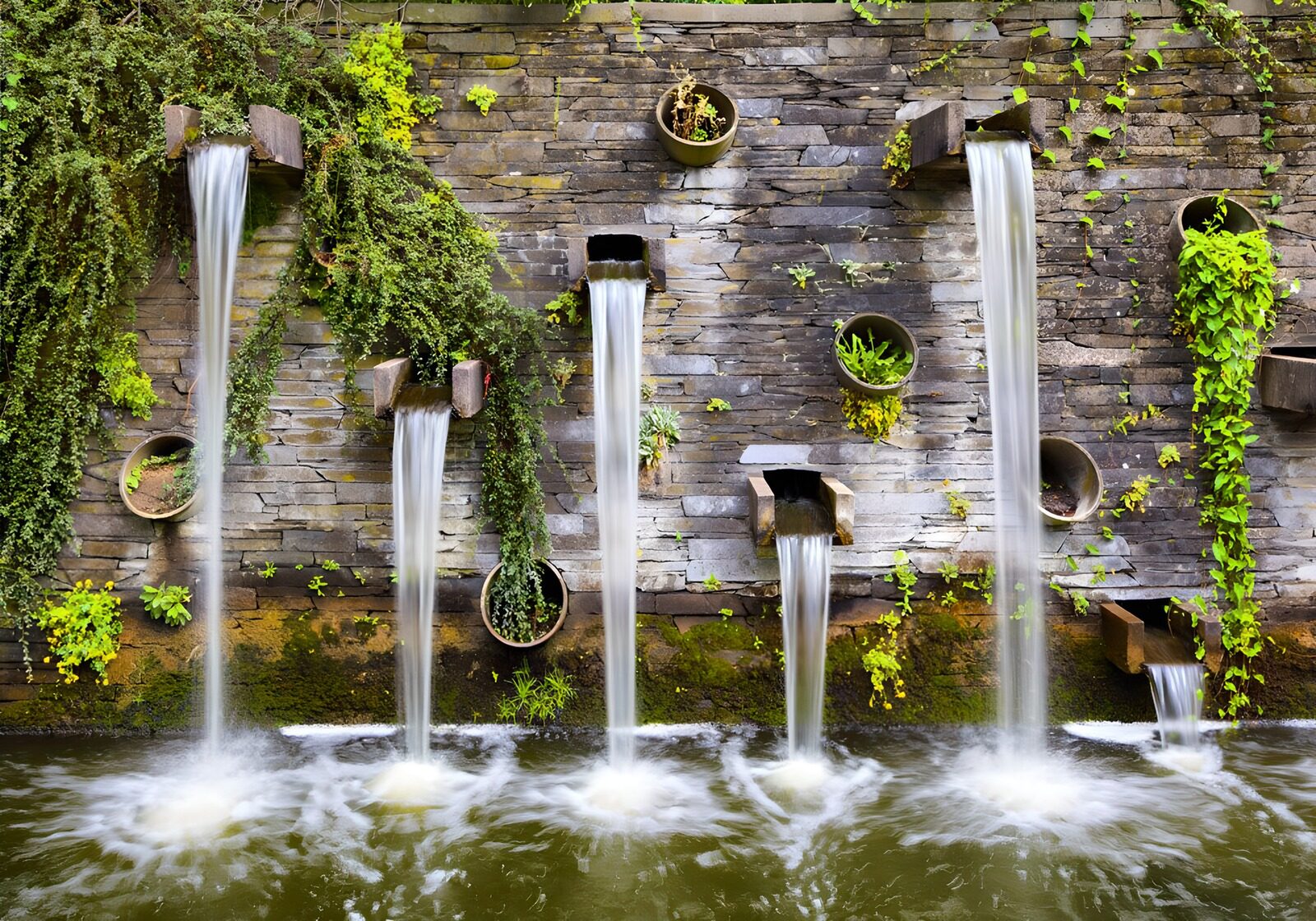 TP91948: Waterval met Planten en Steenwand