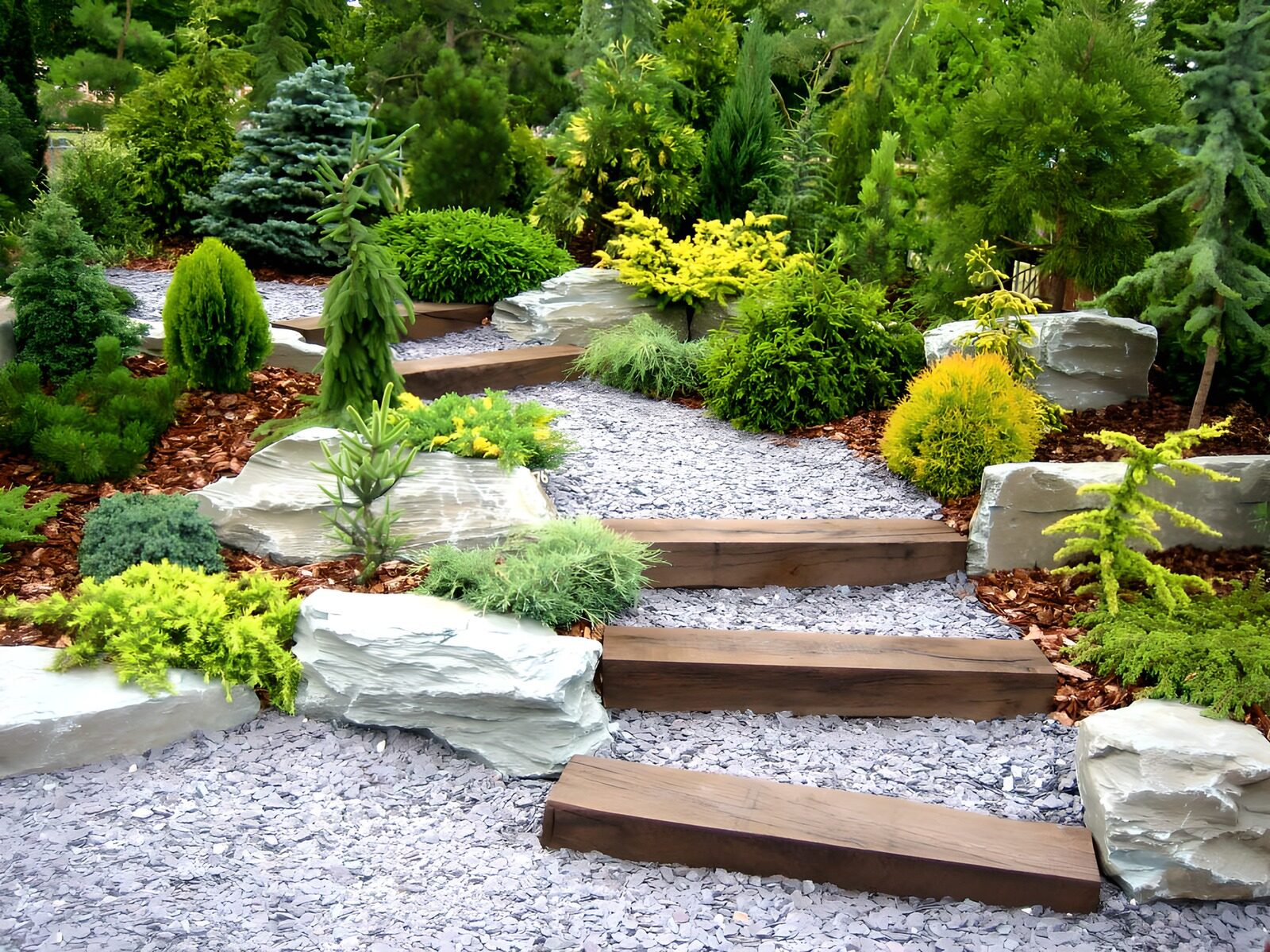 TP97620: Tuin met trappetje en diverse coniferen