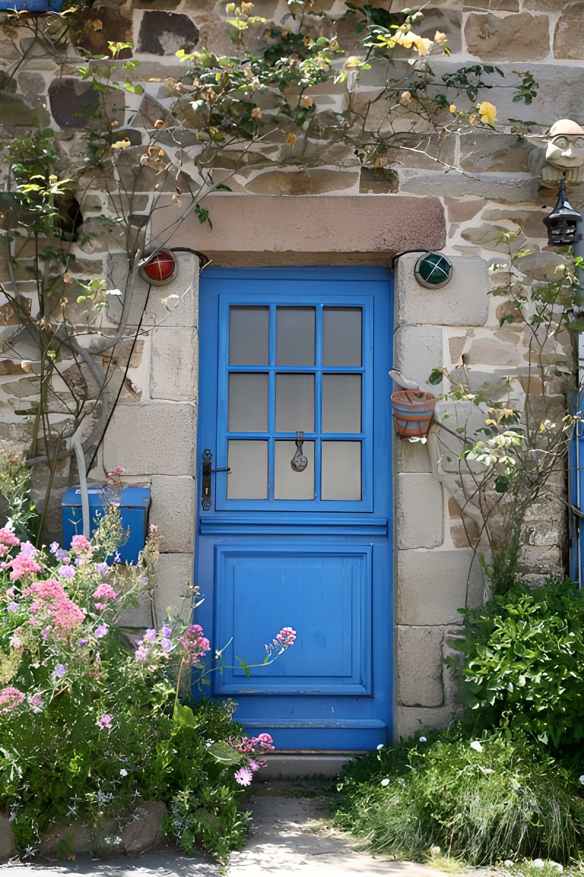 Tweedelige blauwe deur van huis met planten