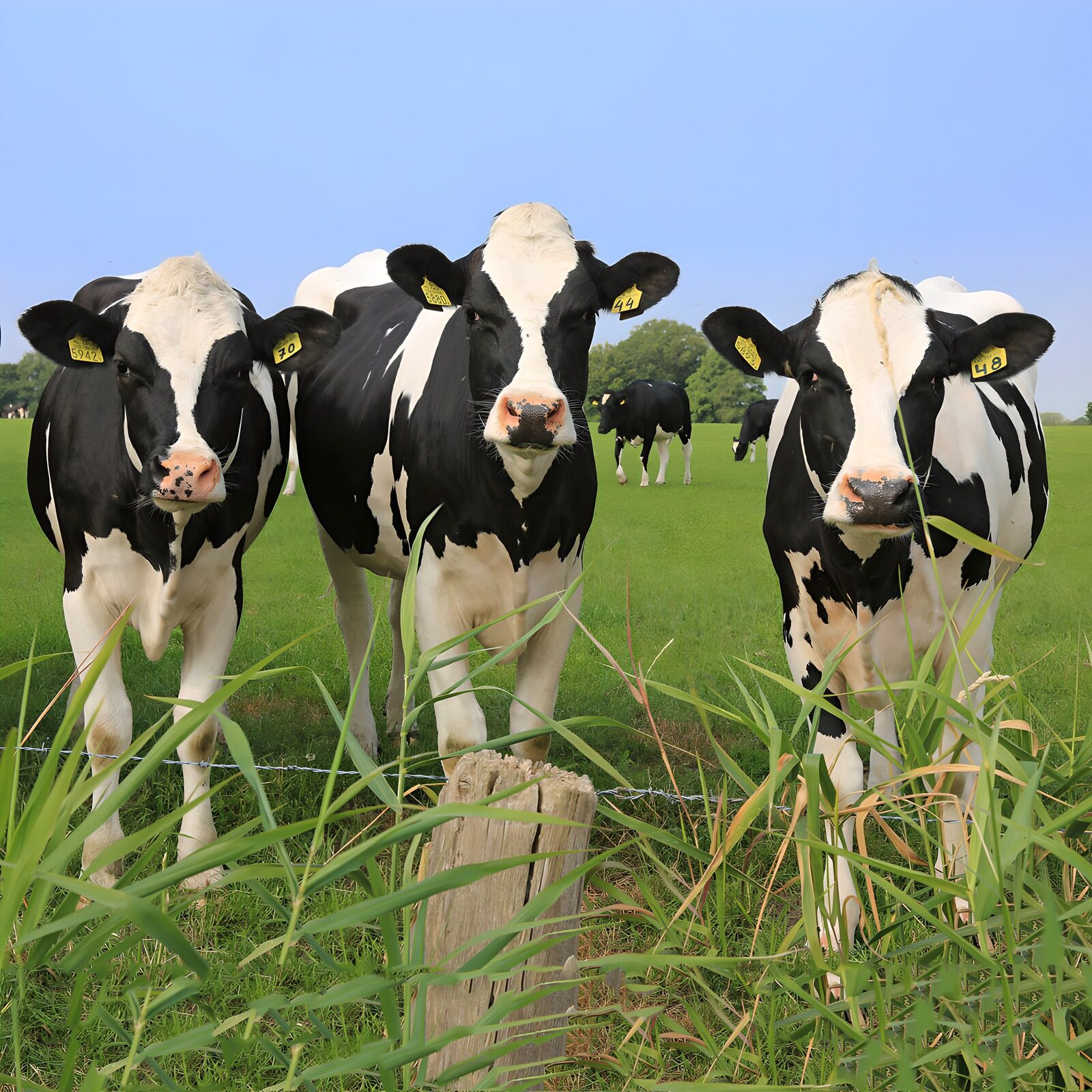 TP71407: Drie vrolijke koeien op het gras