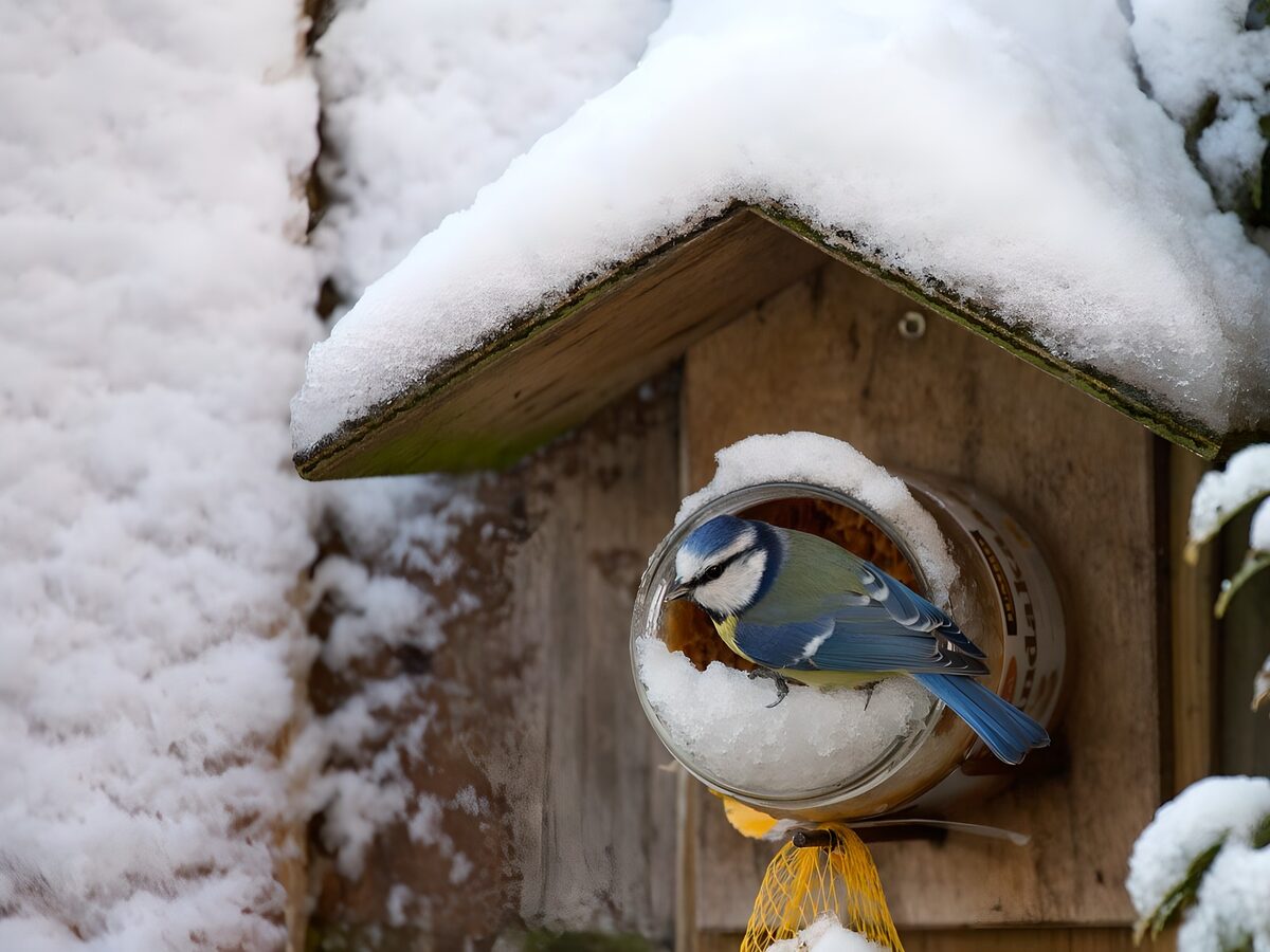 Koolmeesje in de sneeuw bij vogelhuisje