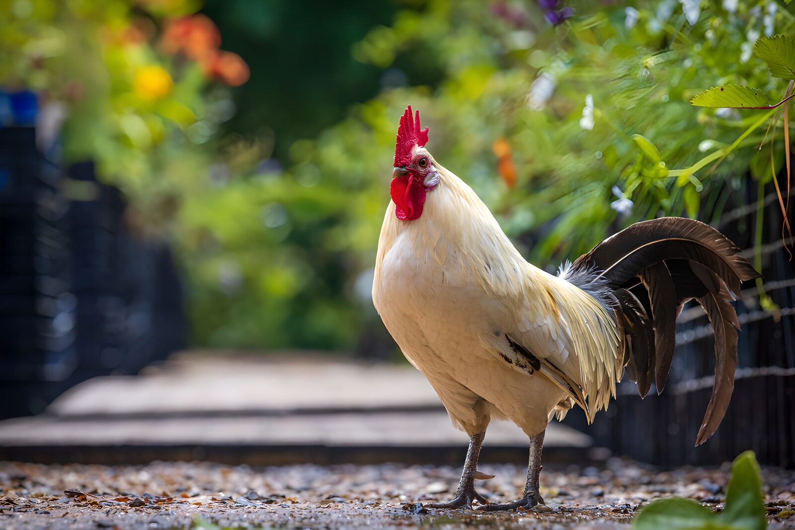 TP20767: Witte haan in tuinpad