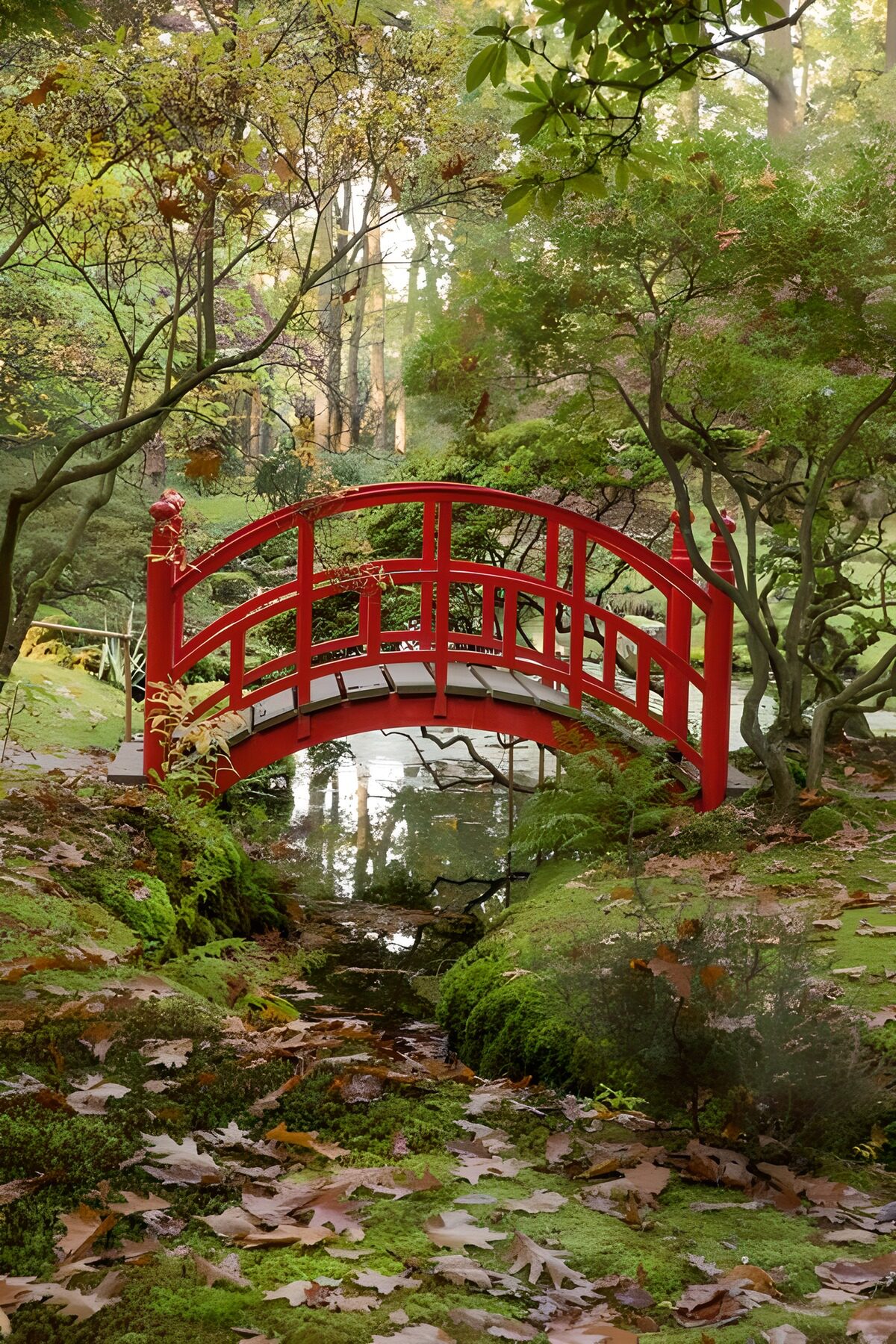 Klein water onder rood bruggetje