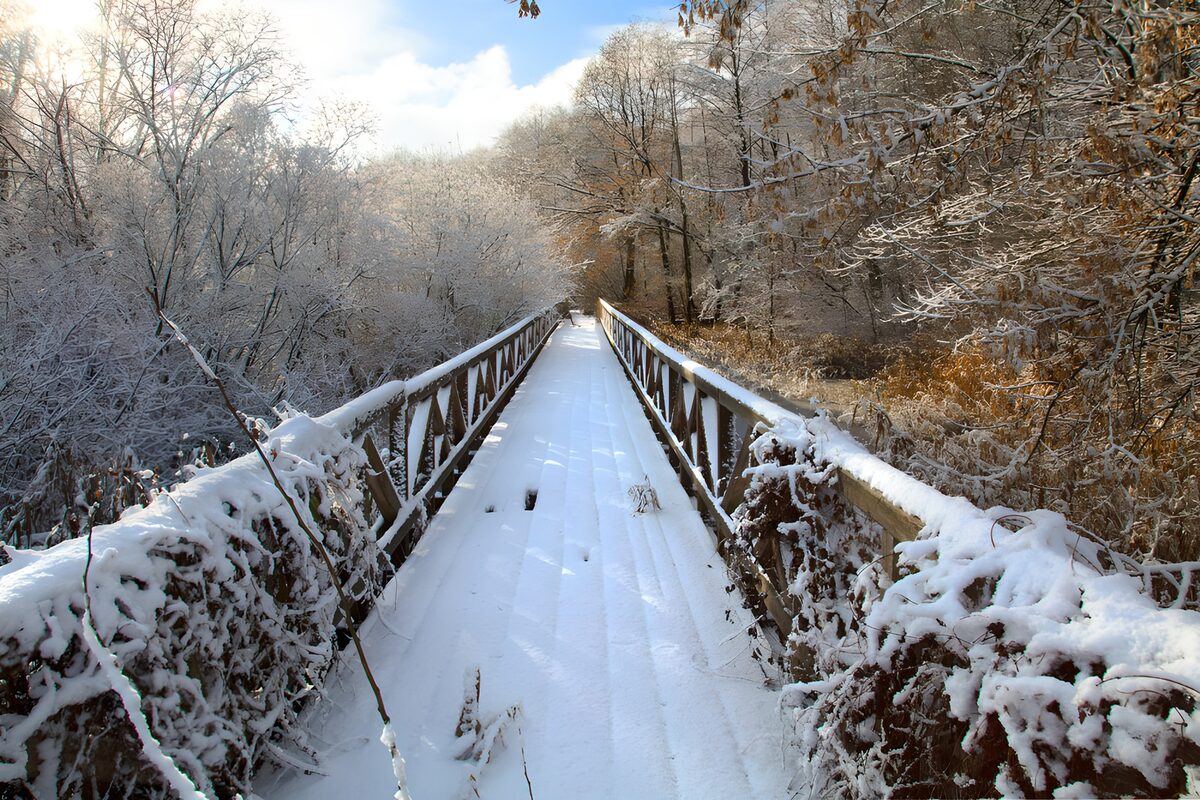 Sneeuwbedekte brug in de winter