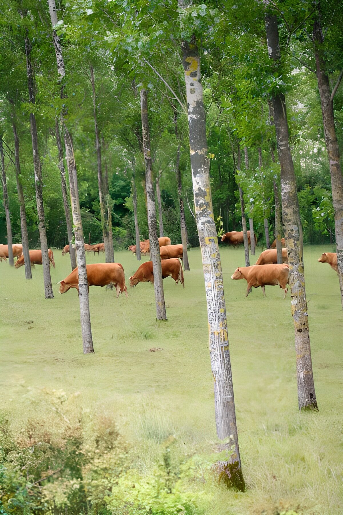 Wilde koeien in het bos tussen de bomen
