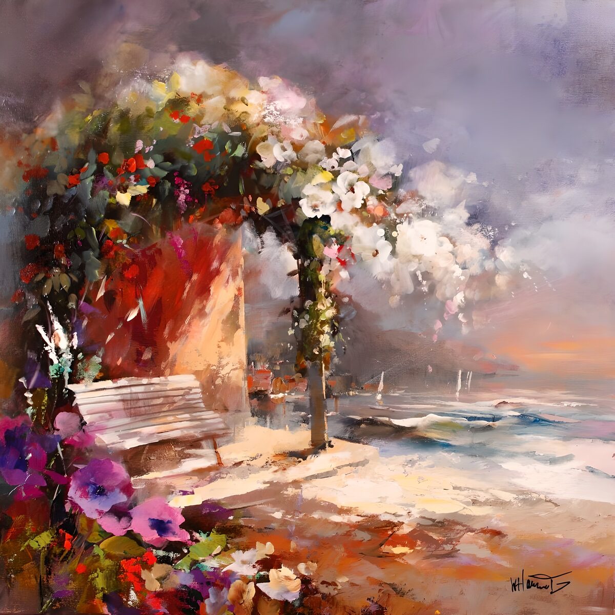 Geschilderd Pireeltje met bloemen stoeltjes en uitzicht op zee versie 2