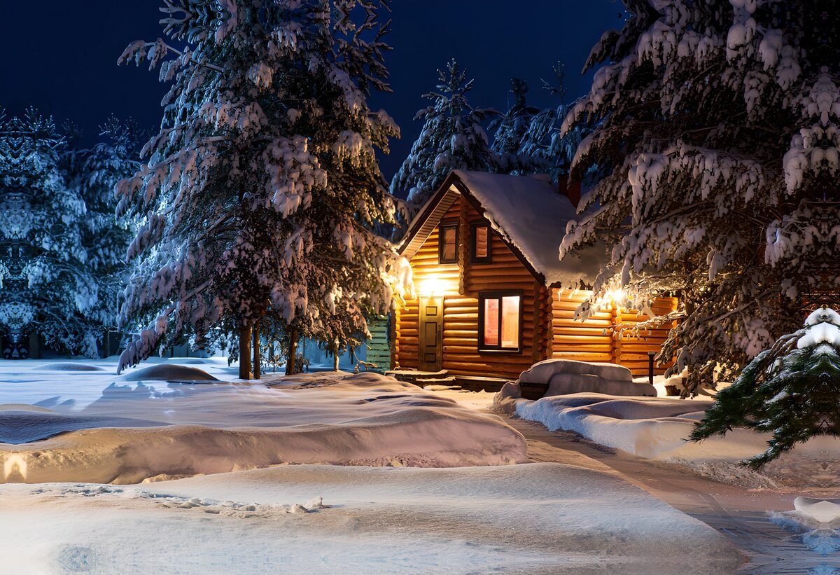 Sfeervolle houten woning in de sneeuw