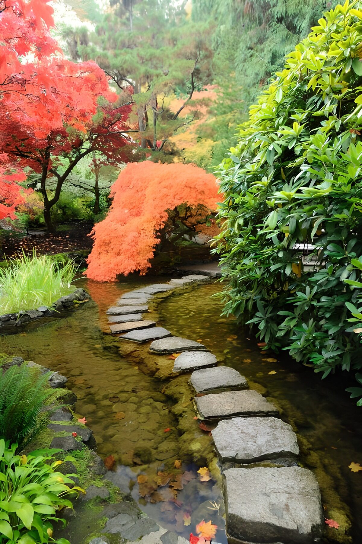 Japanse tuin  met stenen pad door het water