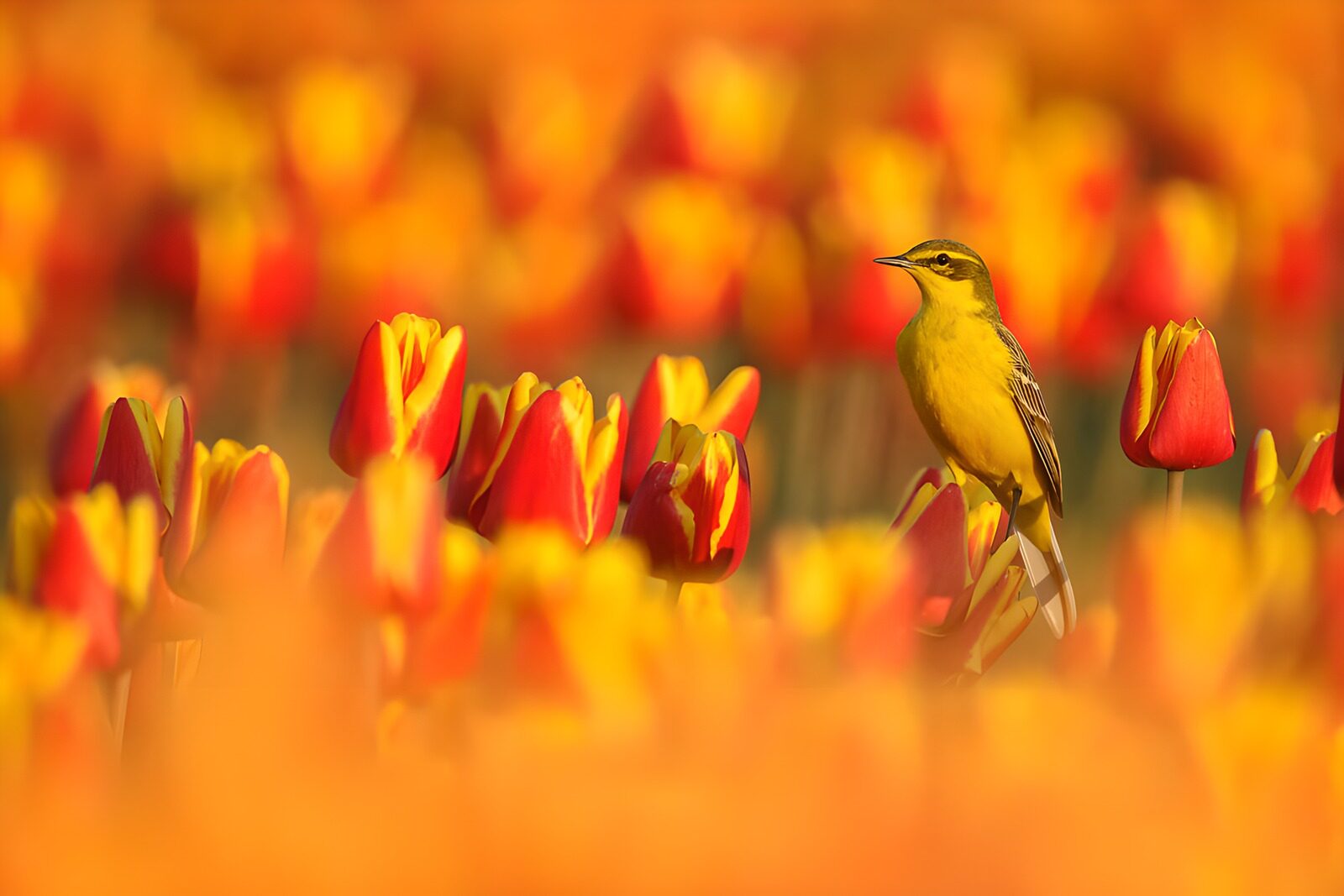 TP59178: Gele vogel tussen kleurrijke tulpen