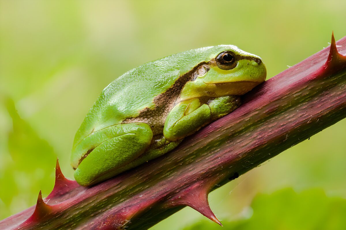 Groene kikker op een stekelige tak