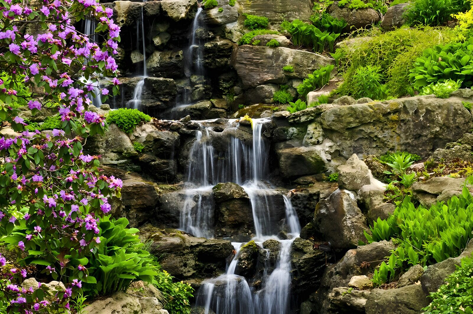 TP85675: Paarse bloemen aan de rand van een waterval