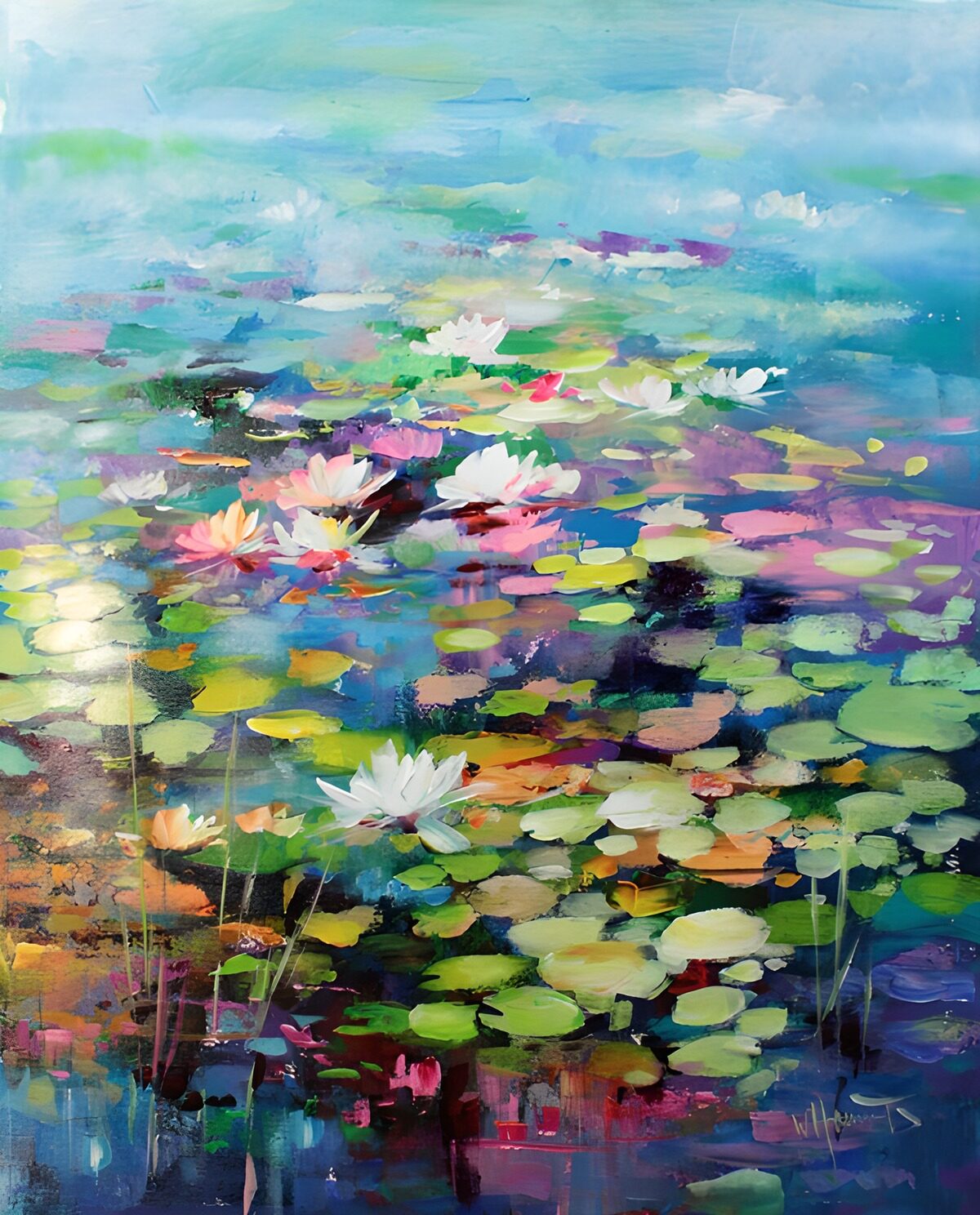 Dromerige Waterlelies in Kleurrijke Reflectie