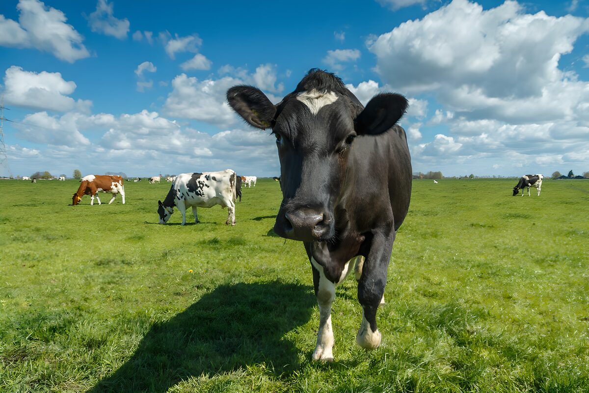 Vrolijke koe op groene weide
