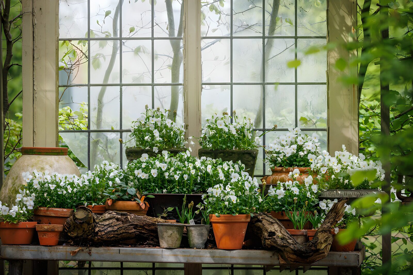 TP44394: Bloemrijke kas met witte bloemen