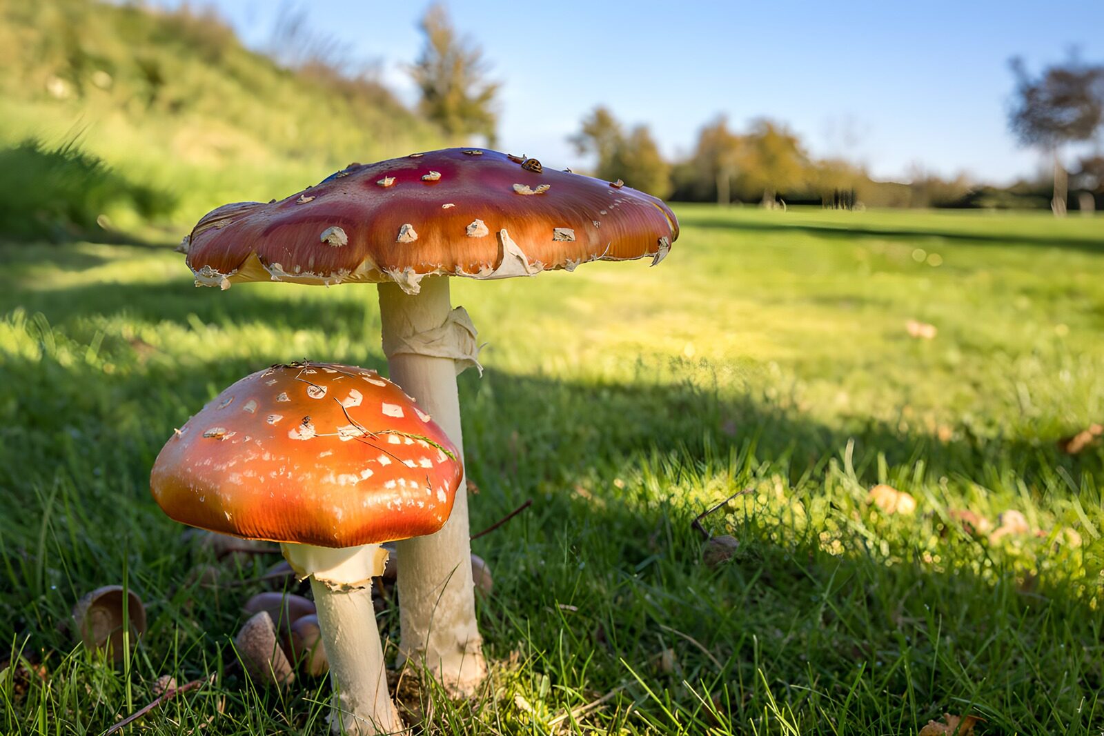 TP20126: Felle roodwitte paddenstoelen in het gras