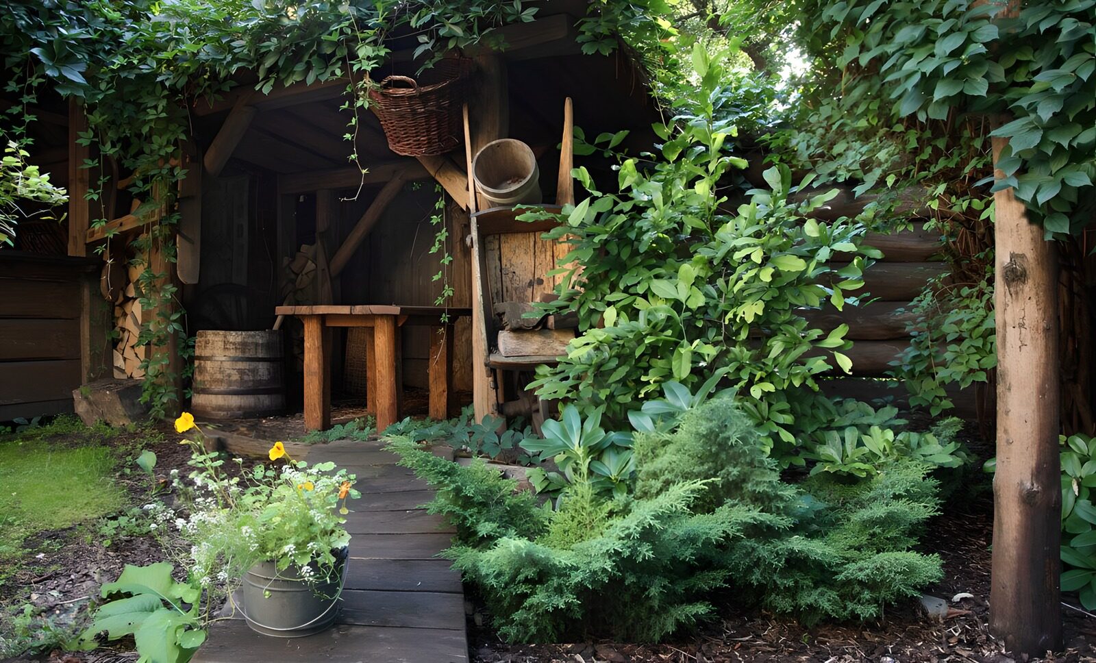 TP97698: Rustieke tuin met houten schuur