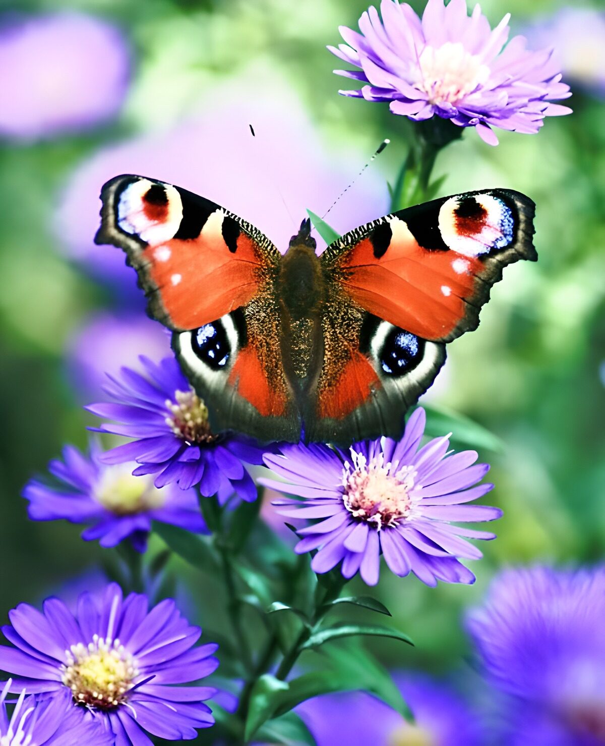 Dagpauwoog vlinder op paarse margrieten