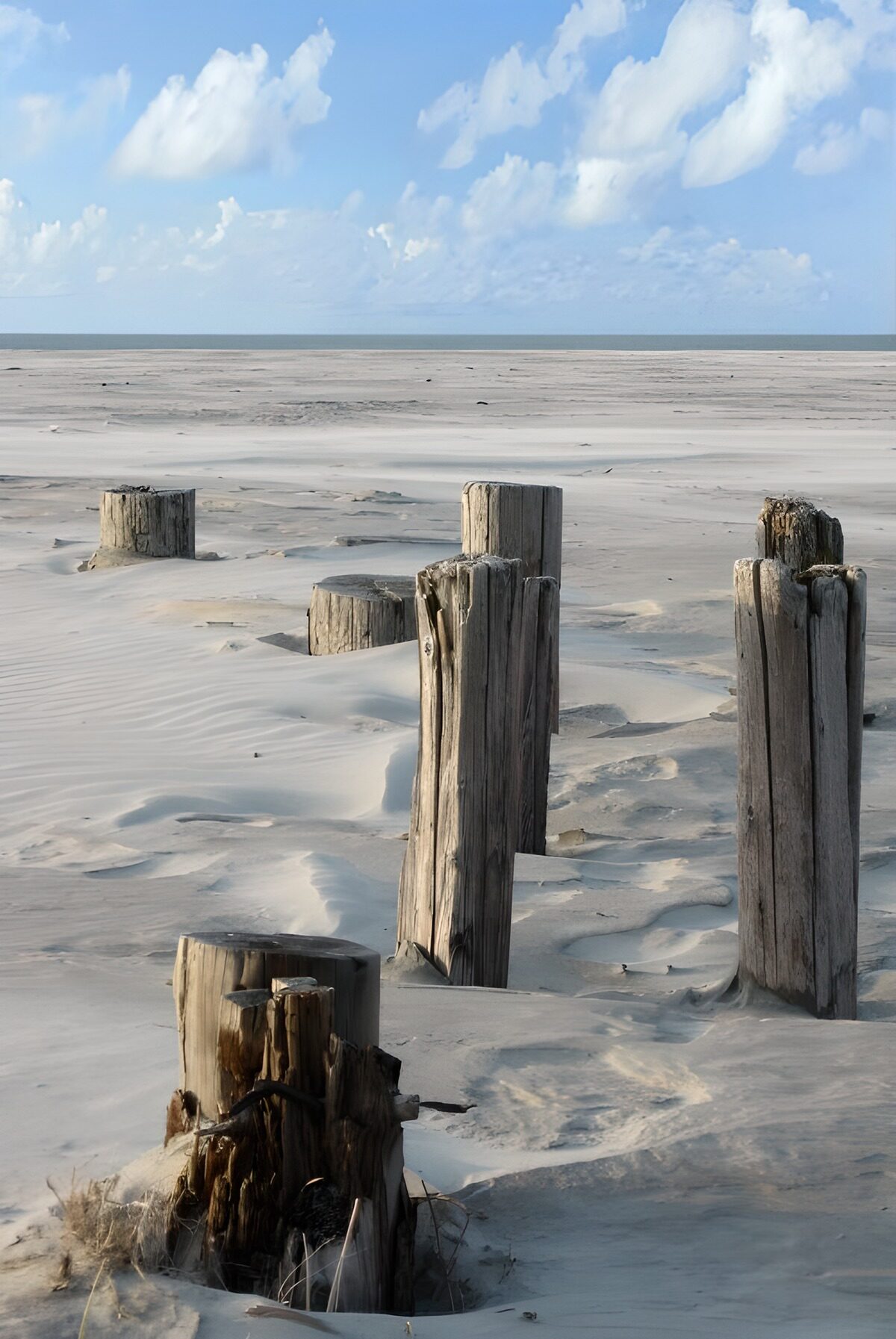 Verweerde palen aan het strand