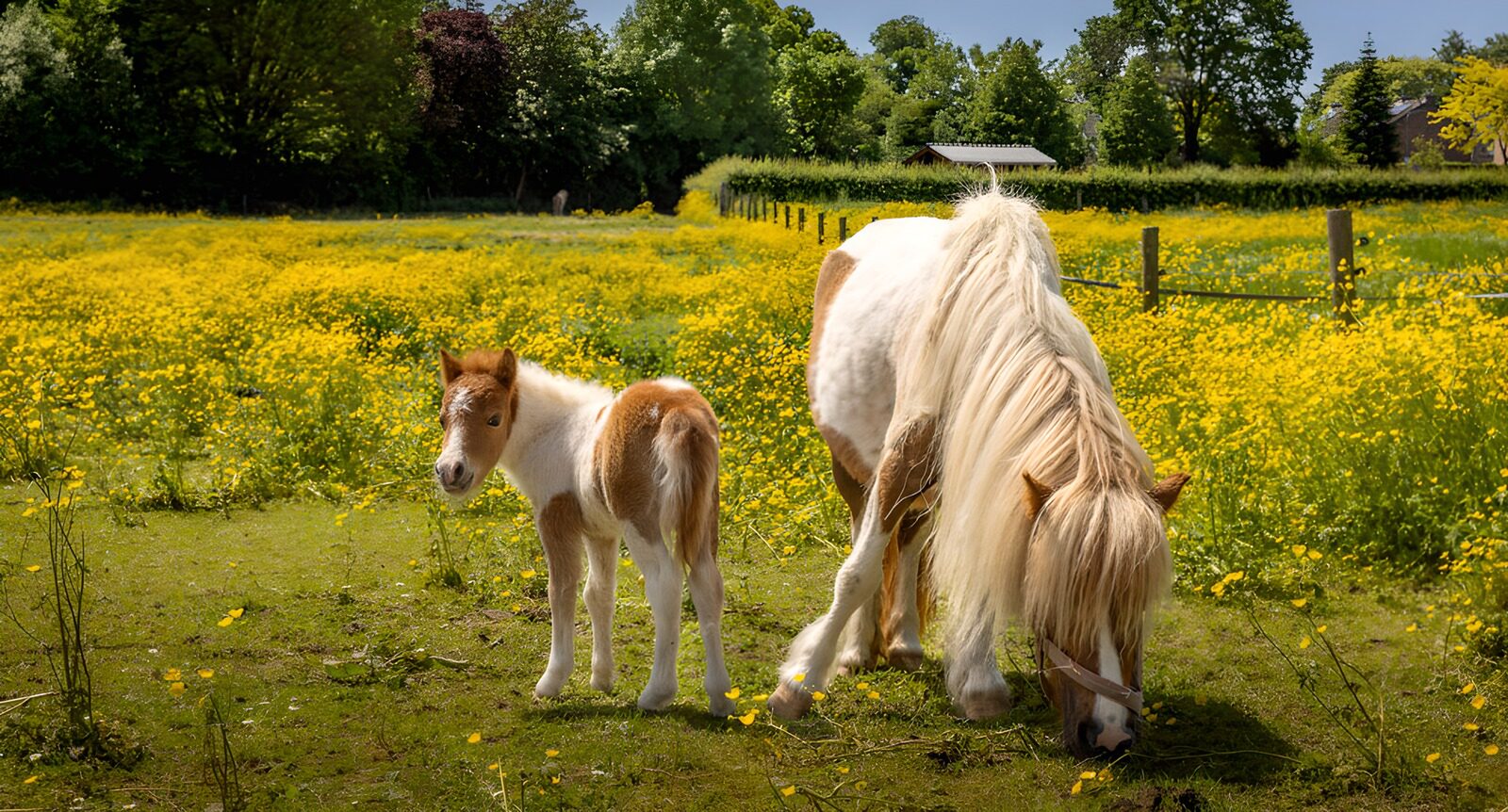 TP79320: Paarden en veulen in bloemenweide