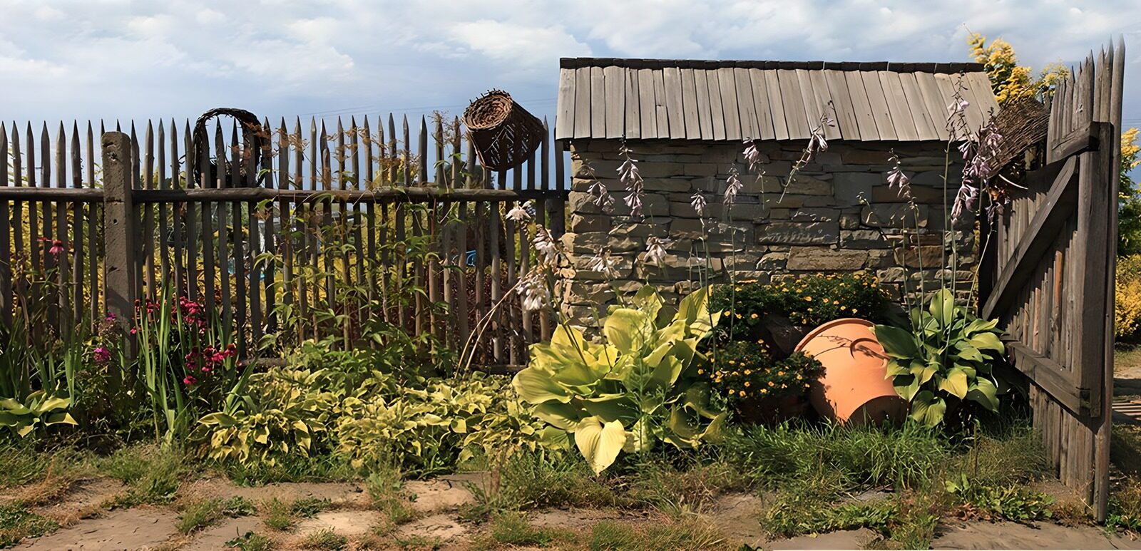 TP23714: Rustieke tuin met houten schutting