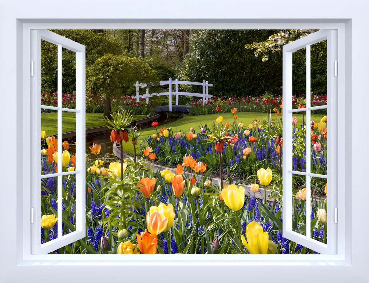 Bloeiende tuin door het raam