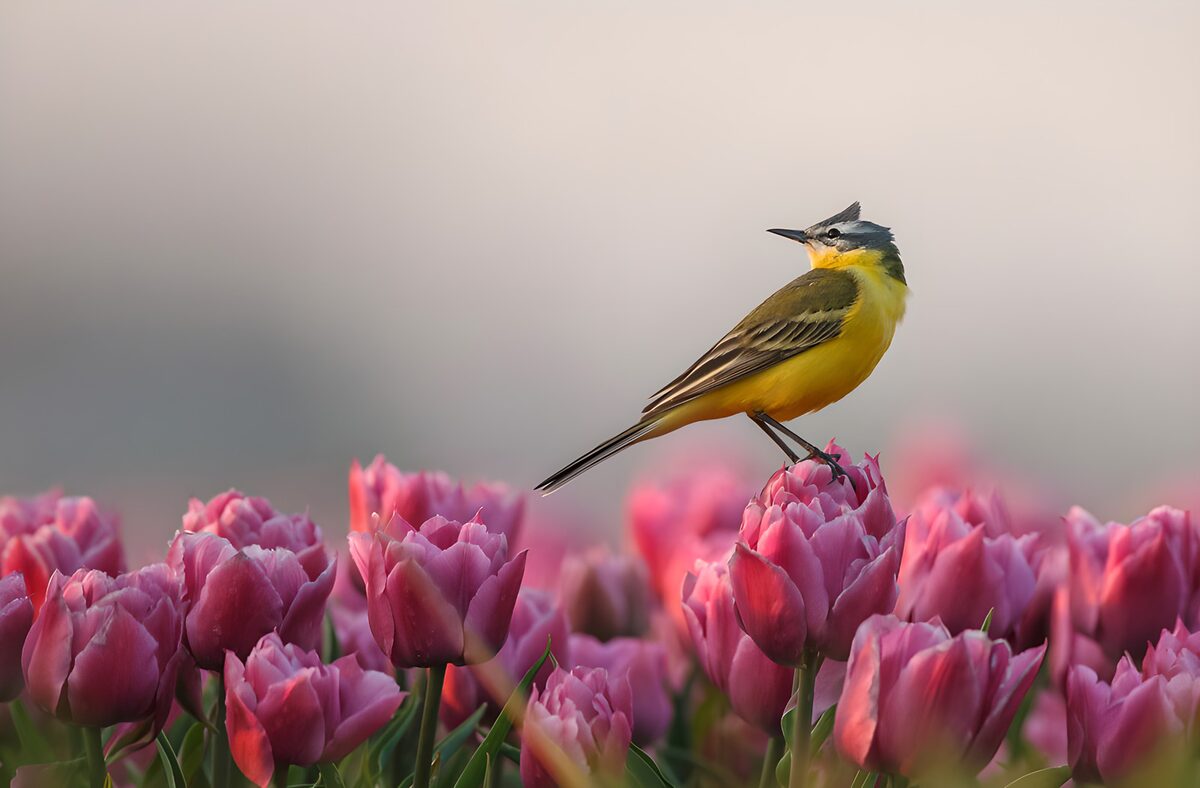 TP74141: Gele Vogel te midden van tulpen