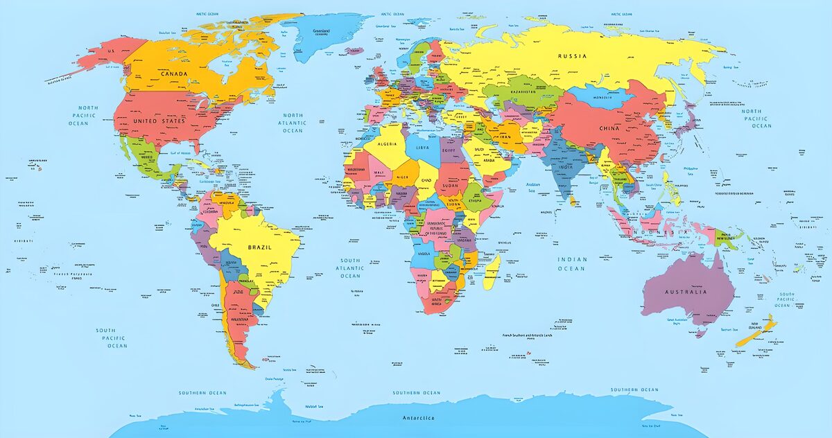Wereldkaart met landen en oceanen