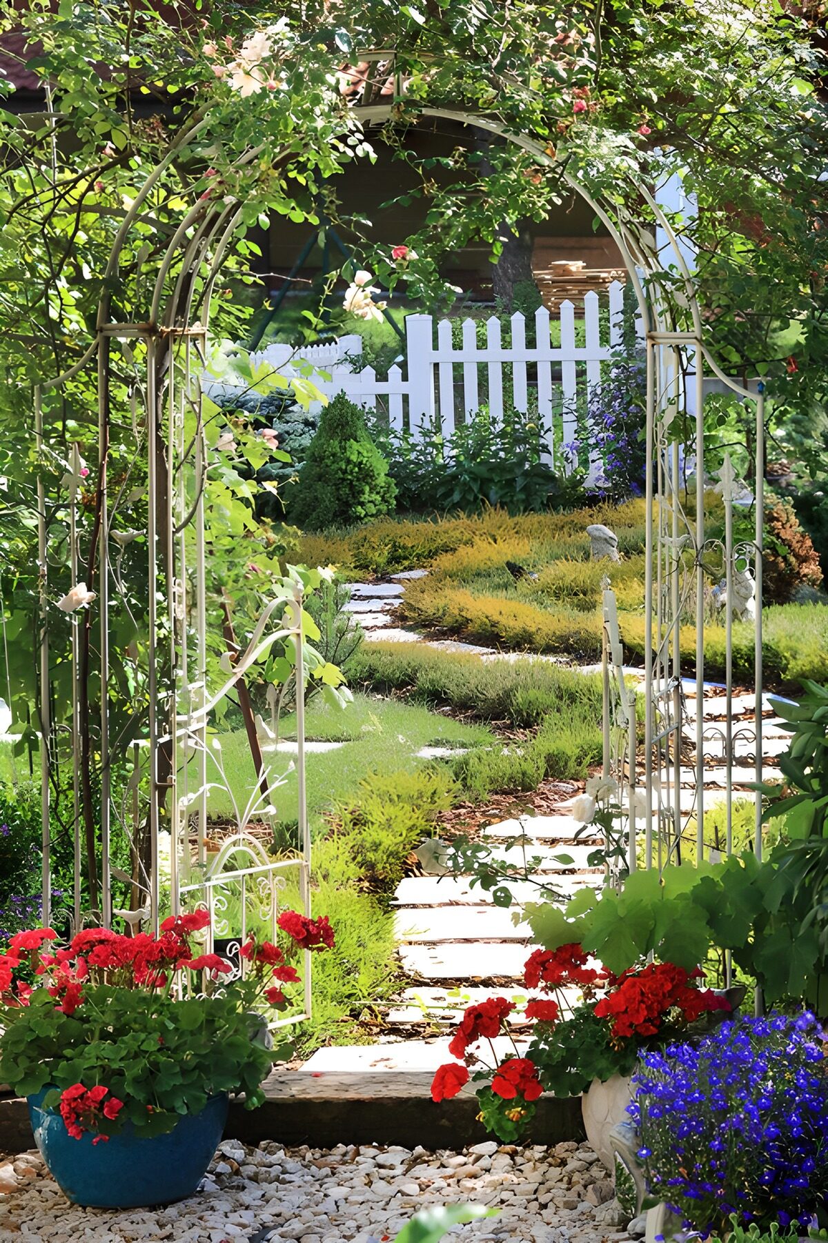 Pergola begroeid met rozen met pad naar tuin