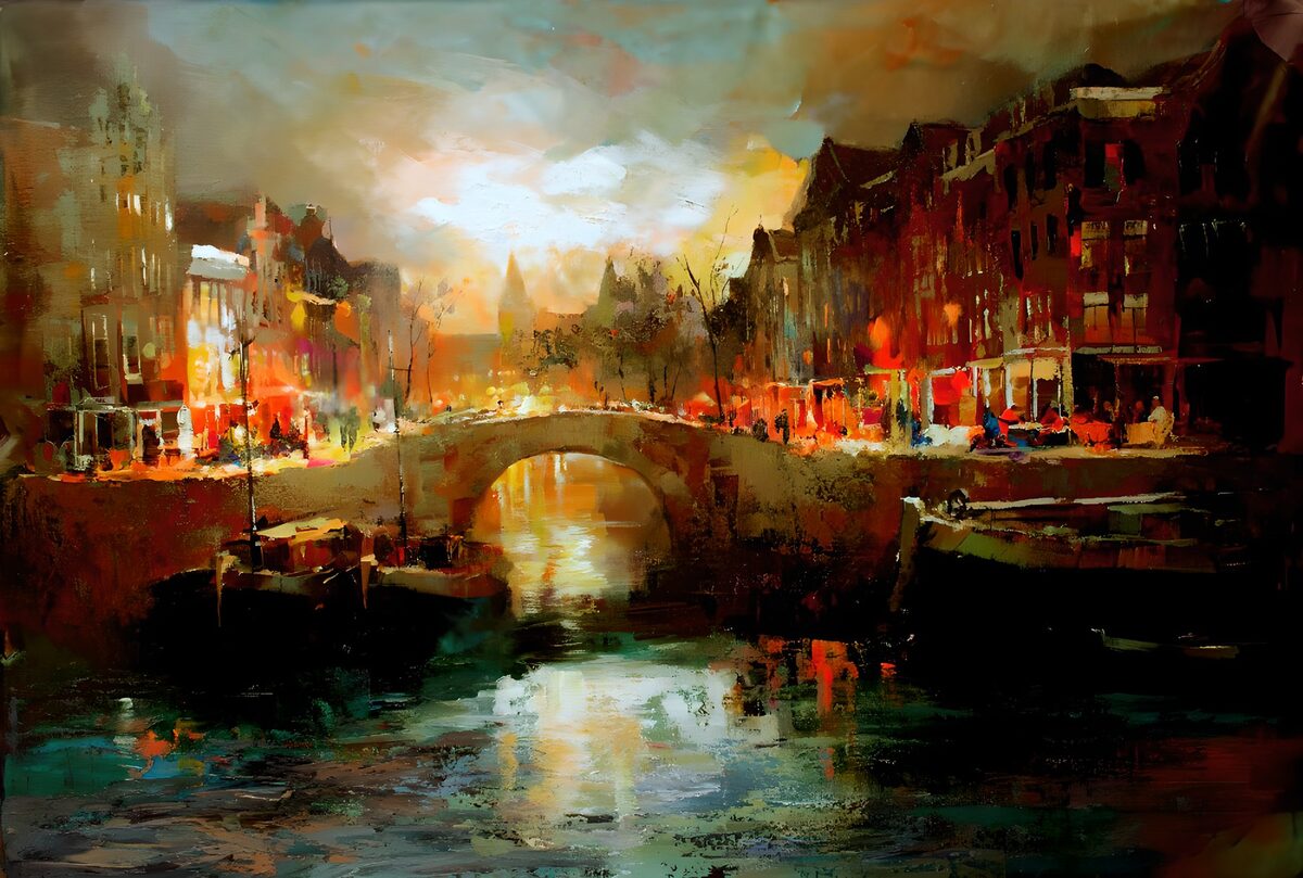 Avondgloren boven de Amsterdamse gracht