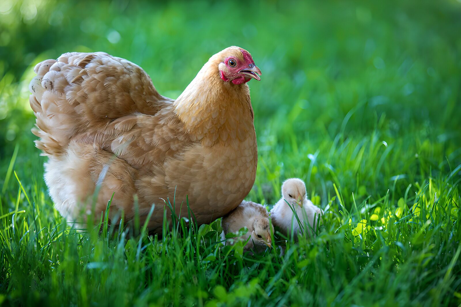 TP86133: Moederhen met kuikens in het gras