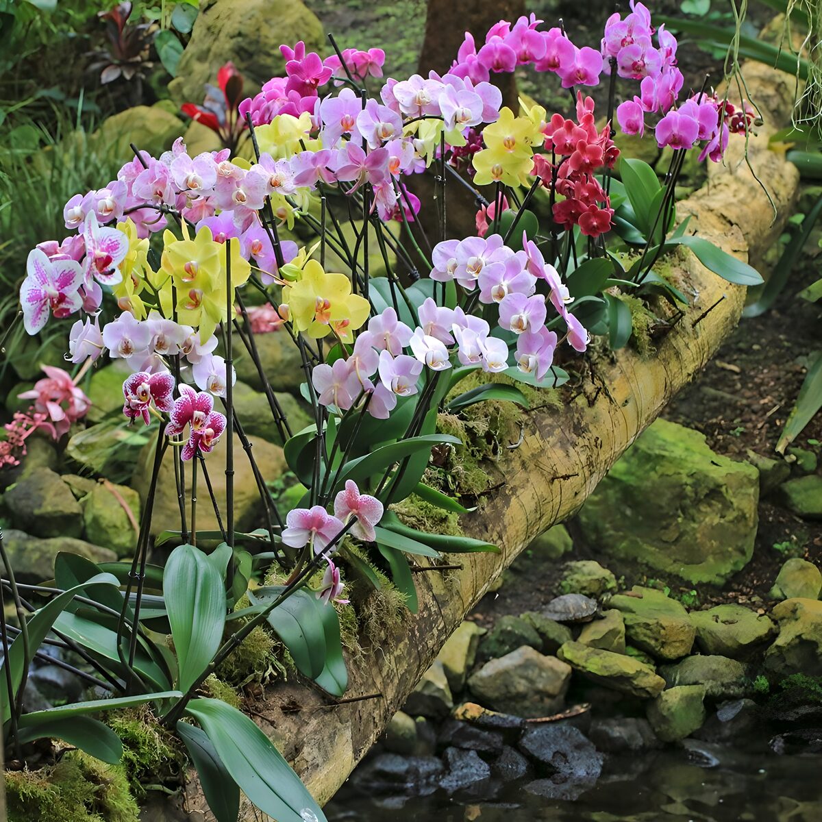 Boomstam over water met begroeit met orchidee 2